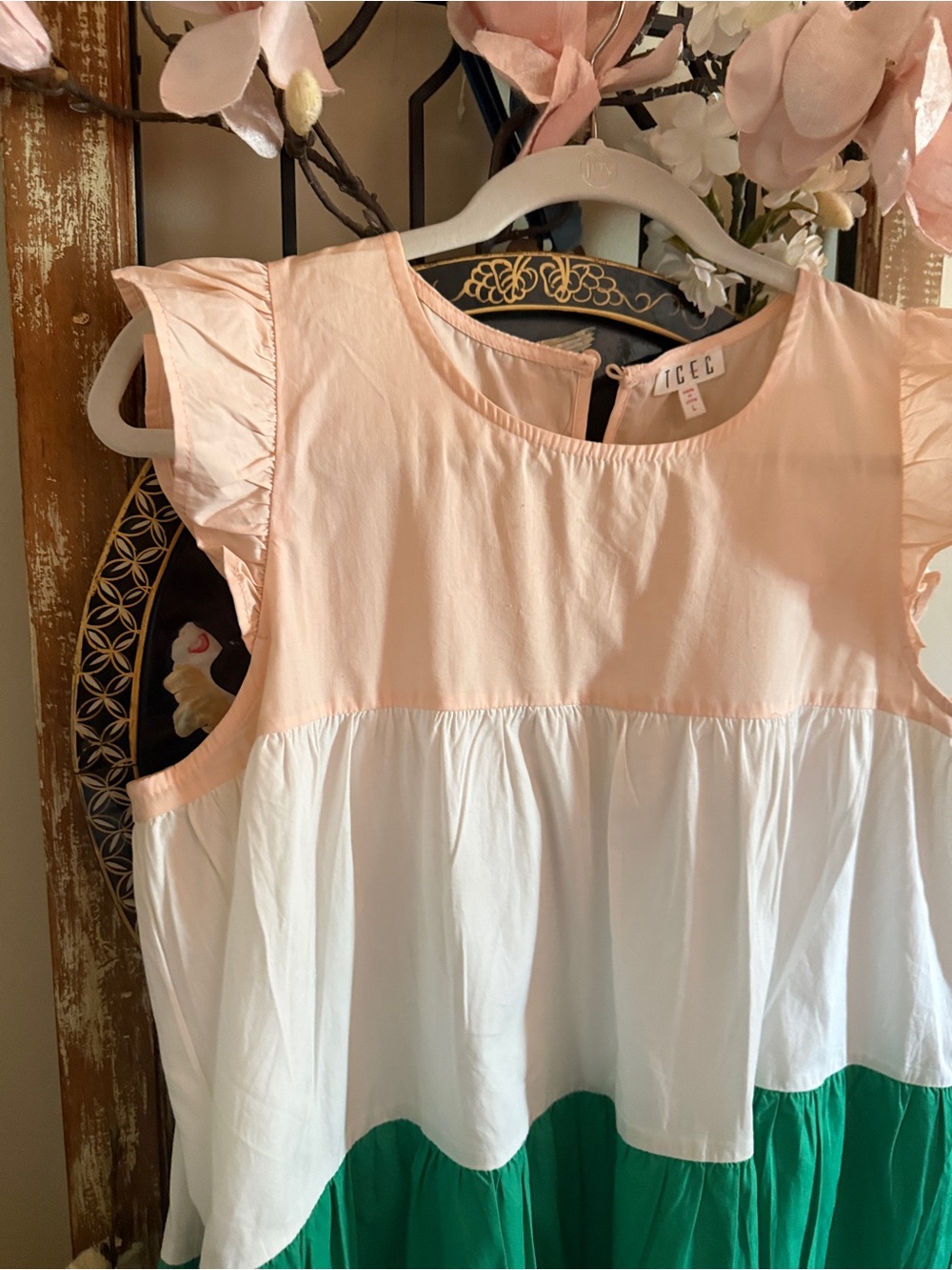TCEC 100% Cotton Pink White Green Teal Colorblock Tiered Ruffle Sleeve Dress - Picture 5 of 9